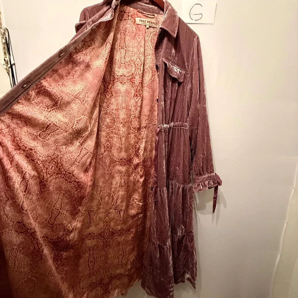 NWT Free People Bella Donna Maxi Duster Coat Mauve Velvet Tiered Pockets Small
